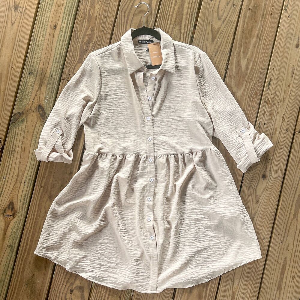 NWT Shein Frenchy Texture Shirt Dress - Long Roll Tab Sleeves - Women's Large